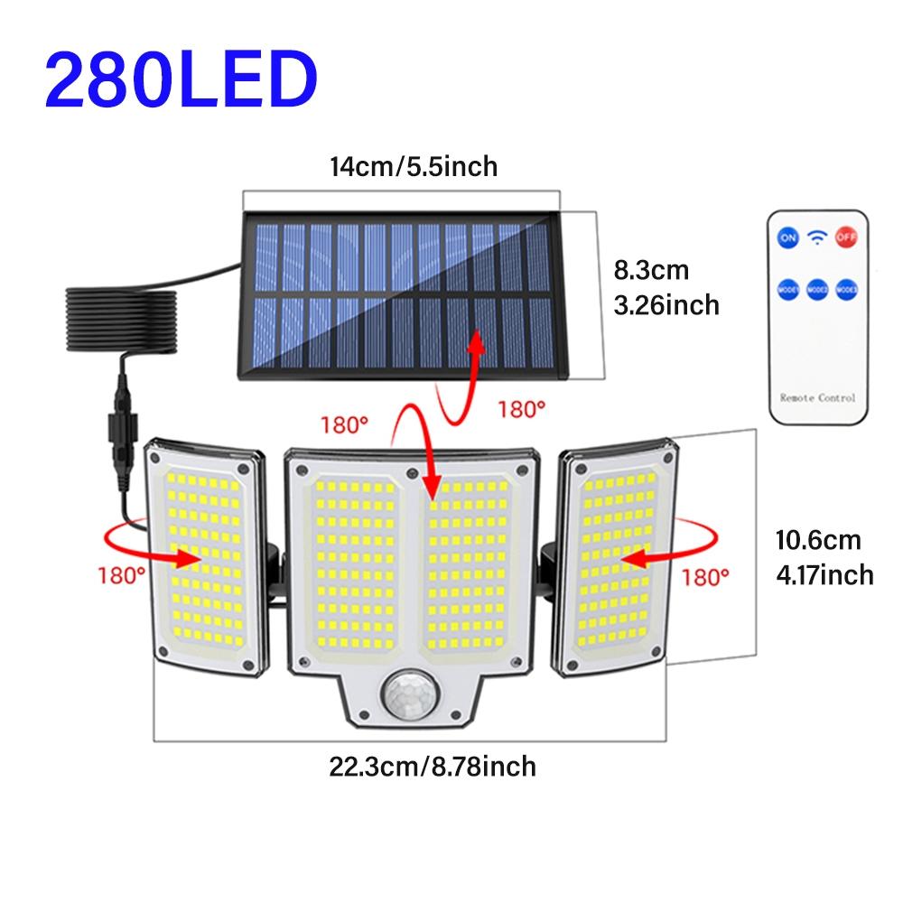 Solar Powered Outdoor Light with Motion-Sensor, 3-Head Solar Floodlight with Remote Control, Outdoor Light for Patio, Garage, Porch, Yard