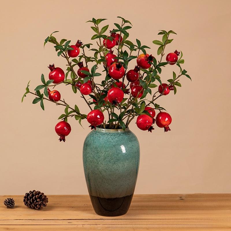 Artificial flower 6-headed pomegranate branch with pomegranate fruit ornament for housewarming, New Year's decoration, home living room floor decoration