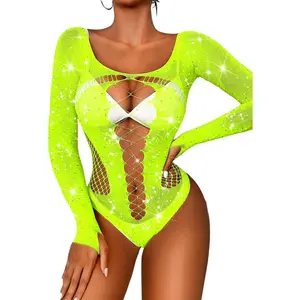 Rave Outfits For Women, Rhinestone Bodysuit Fits 0-16, Exotic Dancer Sexy Tops, Fishnet Stripper Plus Size Lingerie