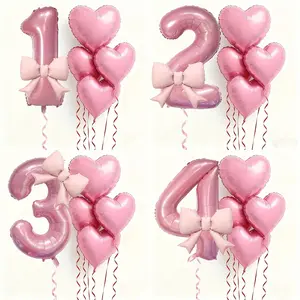 6pcs/set Pink Number Bow Party Balloons with Heart Balloons Set for Birthday Party, Gathering Decoration, Anniversary, Festival Celebration, Background Wall, Outdoor Party, Atmosphere, Photo Decorative Globs Supplies