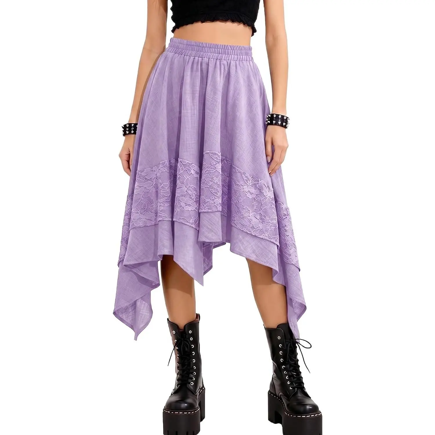 Women's Renaissance Fairy Midi Skirt Flowy Lace Tiered Asymmetrical(Gift)