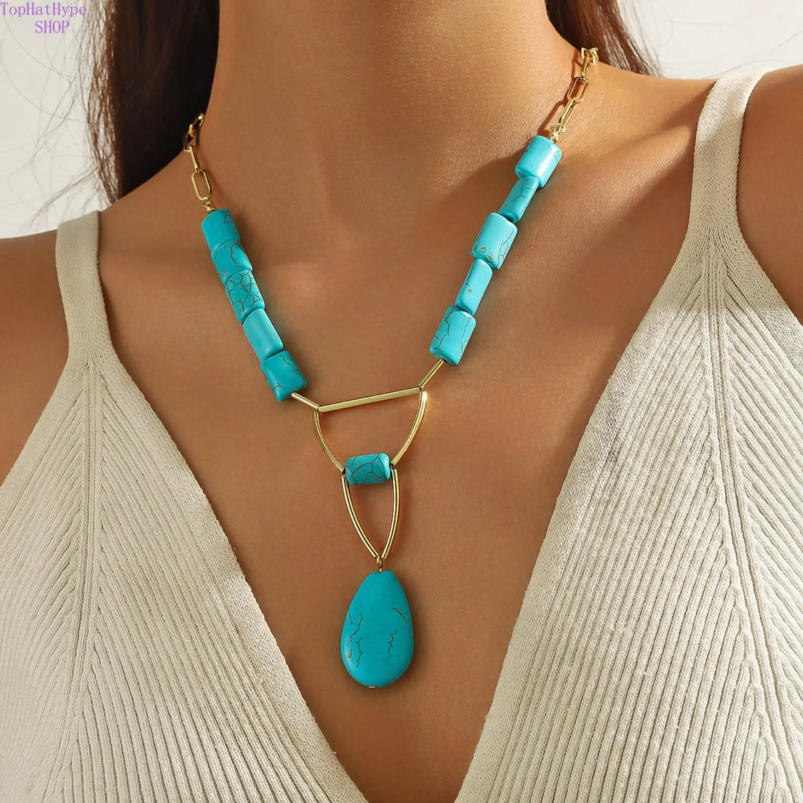 Original Design Turquoise Gemstone Necklace for Women, Vintage Bohemian Western Style Layering Pendant, Ethnic Boho Party Jewelry for Daily Wear, Natural Stone, Bohemian Look, Western Vibe, Boho Western Jewelry Sets