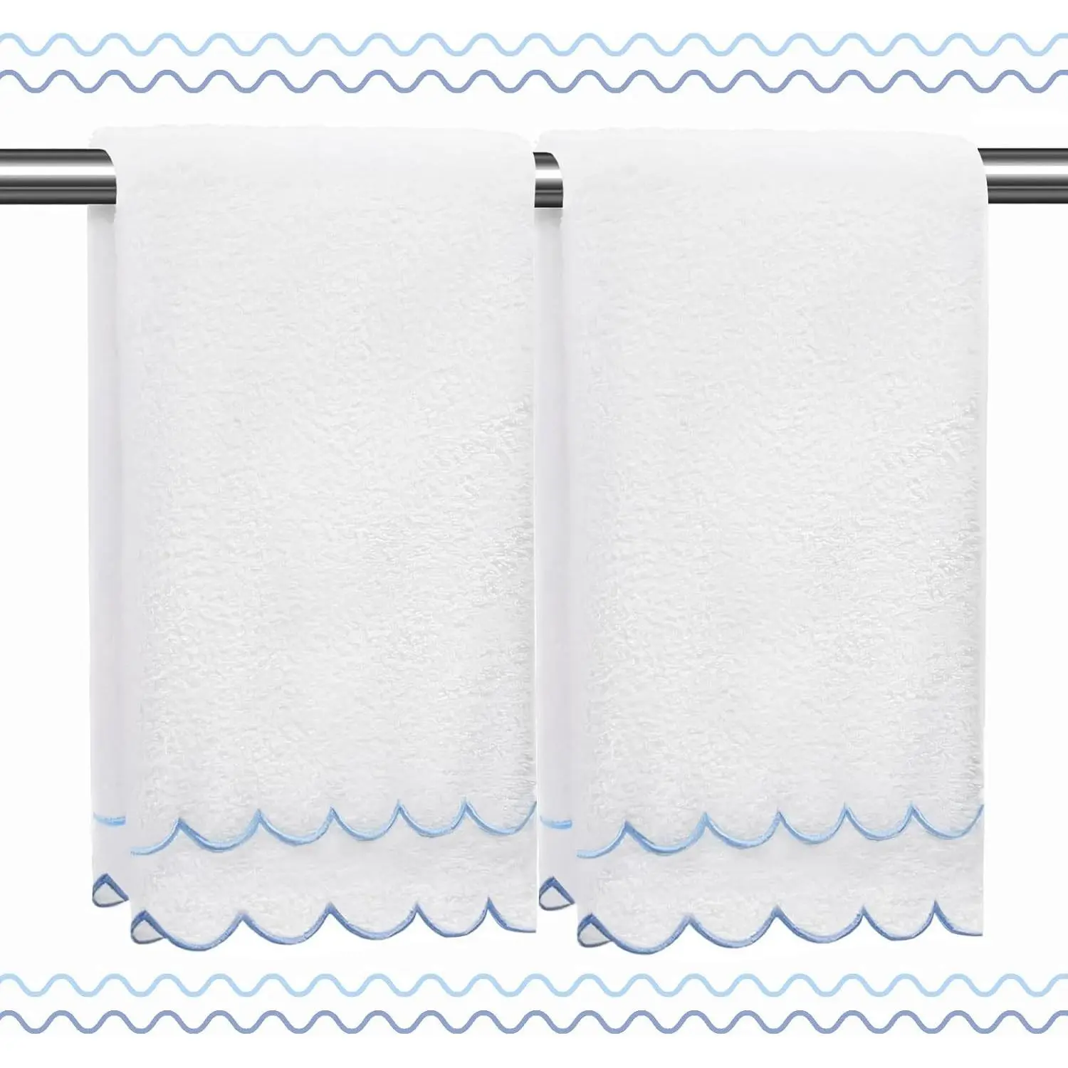 100% Cotton 600 GSM Hand Towels Cute Soft Absorbent Embroidered Scalloped Fingertip Towels Decorative for Bathroom Home Hotels (Blue, 2-Pack 27" L x 16" W)
