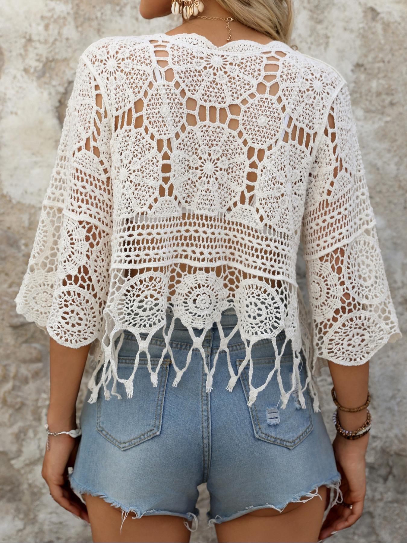 Women's Plain Fringe Trim Cut Out Sheer Cover-Up, Boho Scallop Trim 3/4 Sleeve Round Neck Cover-Up for Beach Vacation, Ladies Spring Clothes