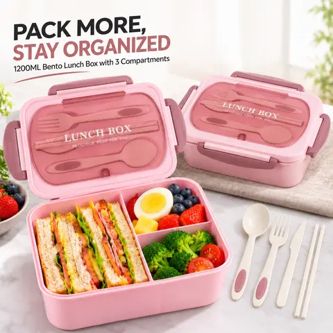 MIUVA Sturdy 1200ML Leakproof Single-Layer 3-Compartment ABS Plastic High Capacity Multi-Meal Lunch Box for Men, Reusable Meal Prep Container with Utensils, Ideal for Work/Travel, High Capacity Lunch Boxes, Multi-Meal Lunch Boxes