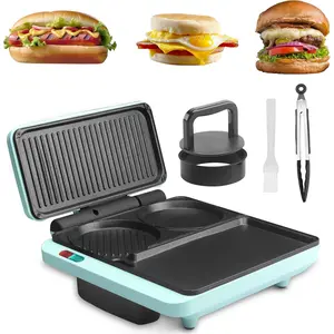 Breakfast Sandwich Maker, Nonstick Electric Griddle & Grill Combo, 3 in 1 Breakfast Station, Make Egg Muffin Sandwiches Burgers Hot dogs & Pancakes, Includes Burger Press, Tong & Brush