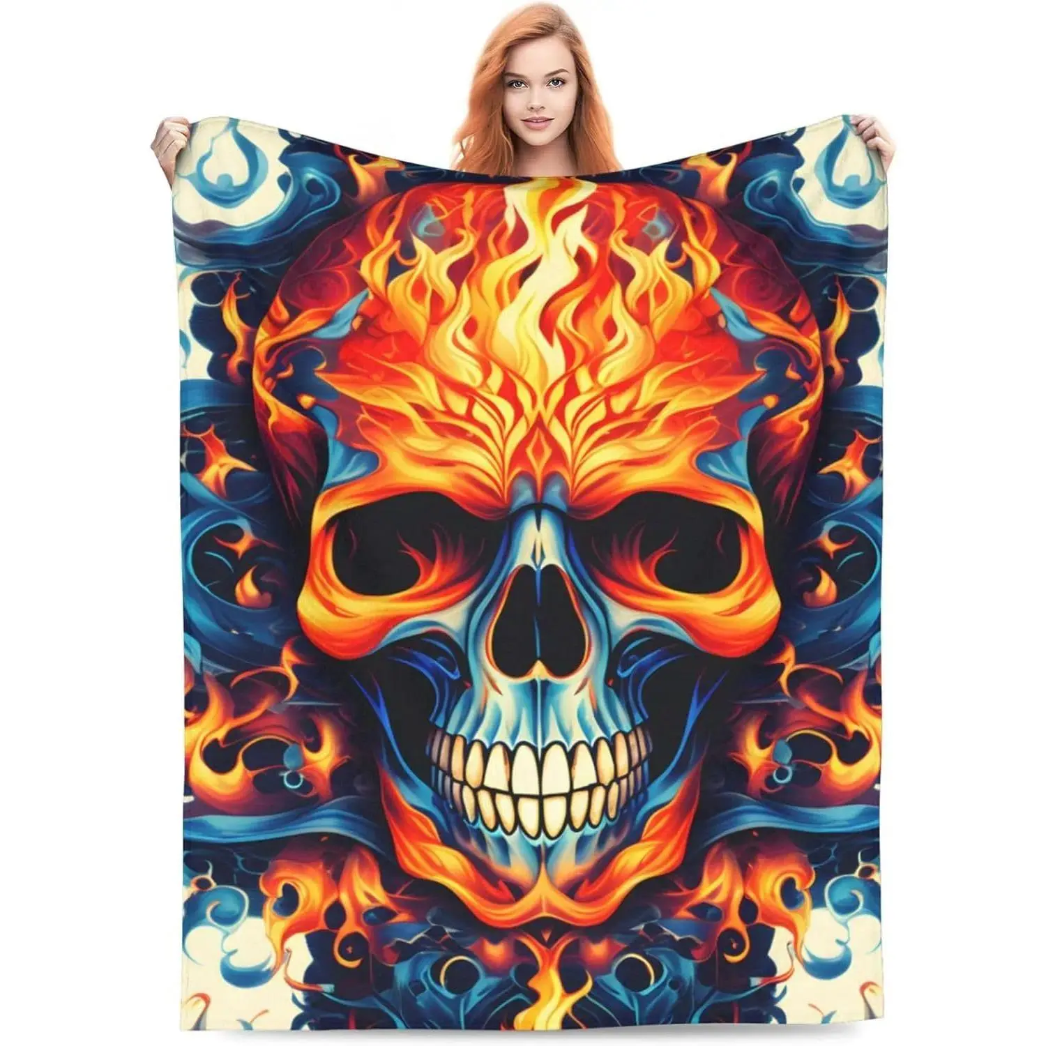 Gothic Skull on Fire Blanket Gifts for Adults Women Men Horror Skeleton Throw Blankets Soft Comfortable Flannel Fuzzy for Home Decor Couch Bed Sofa