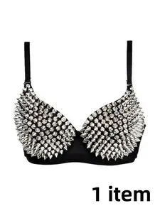 Handmade Punk Belly Dance Bra, Silver Color Rivet Lingerie Underwear, Sexy Patchwork Backless Top, Full Coverage Medium Support, Nightclub Stage Wear Aesthetic