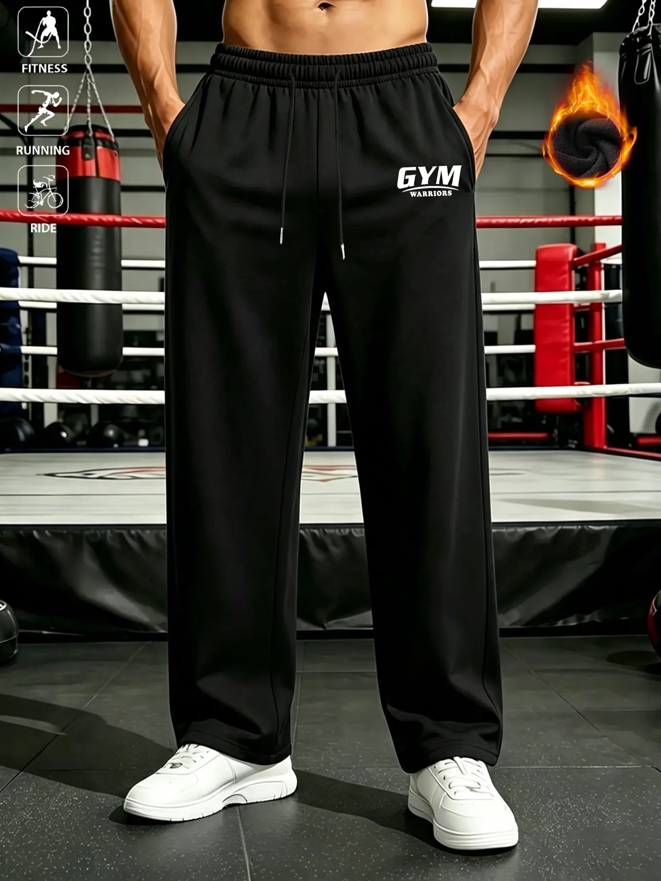 Men Wide‑Leg Fleece Lined Sweatpants, GYM Warriors Letter Print Baggy Straight Trousers, Hot‑Selling Athleisure Streetwear Pants, Warm Thick Inner Layer, Soft Comfort Functional Joggers Suitable For Gym Workout, Weight‑Lifting, Outdoor Hiking, Camping
