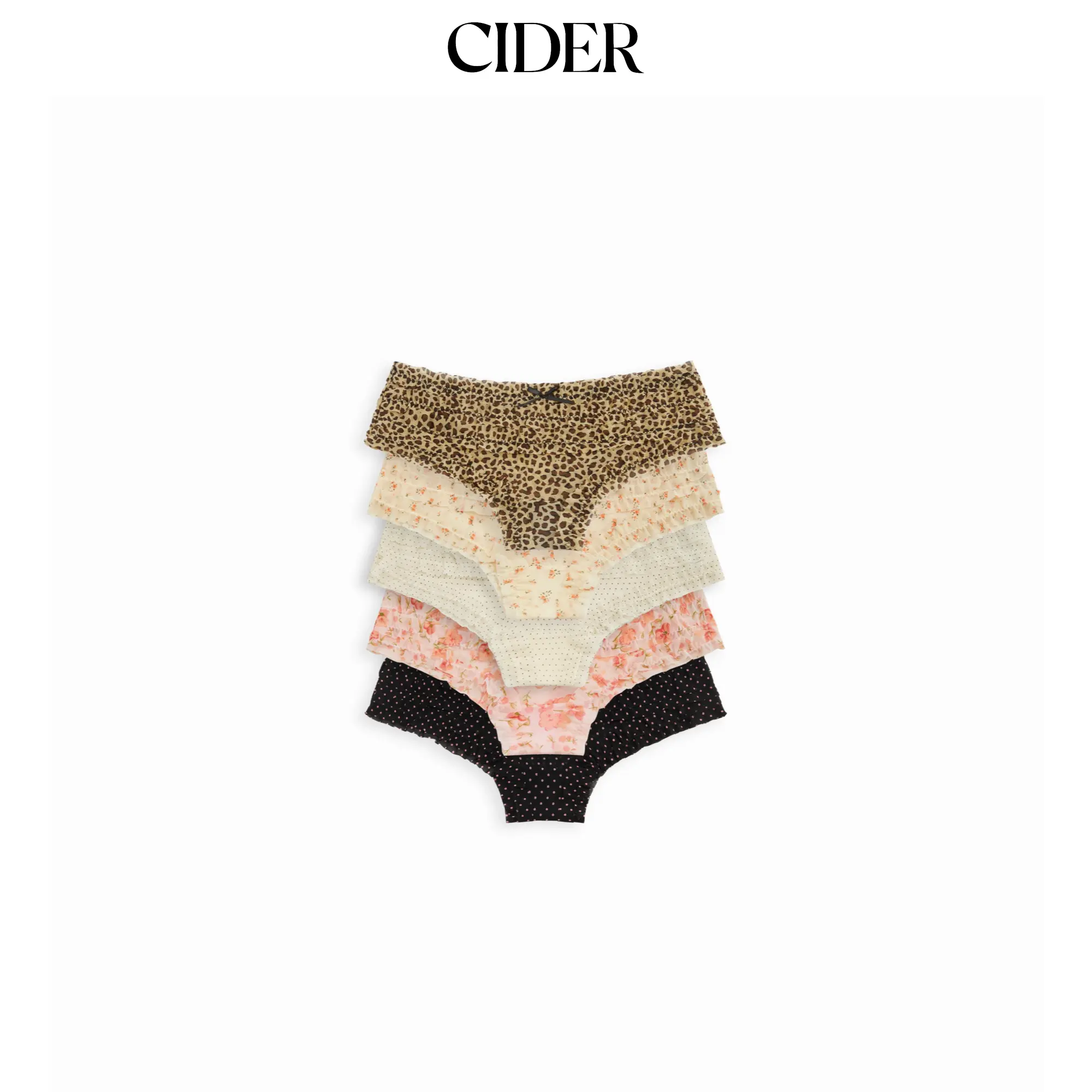 Cider 5 PCS Lace Mid Rise Lettuce Trim Bowknot Brief