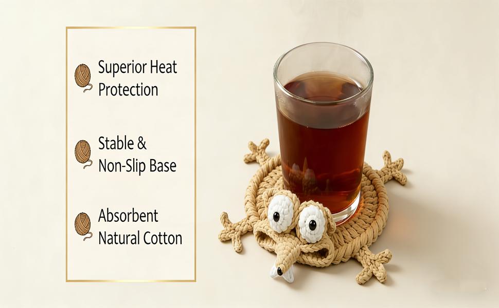 Funny Hand-Crocheted Squirrel Coaster, Cute Handmade 3D Animal Mug Rug, Novelty Knitted Cup Mat Desk Decor, Unique Whimsical Drink Coaster for Coffee & Animal Lovers (Yellow)