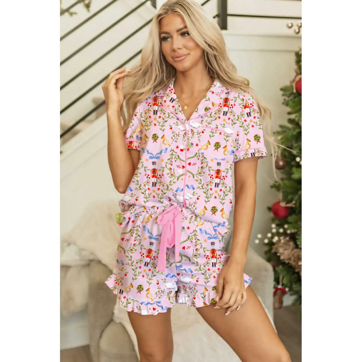Women's Christmas Nutcracker Pajama Set, Breathable 2-Piece Short Sleeve Top and Shorts, Matching Holiday Sleepwear with Adjustable Ribbon Tie Waist, Feminine, Fabric, Comfortable, Loungewear, Soft, Christmas Pattern, Nutcracker Print
