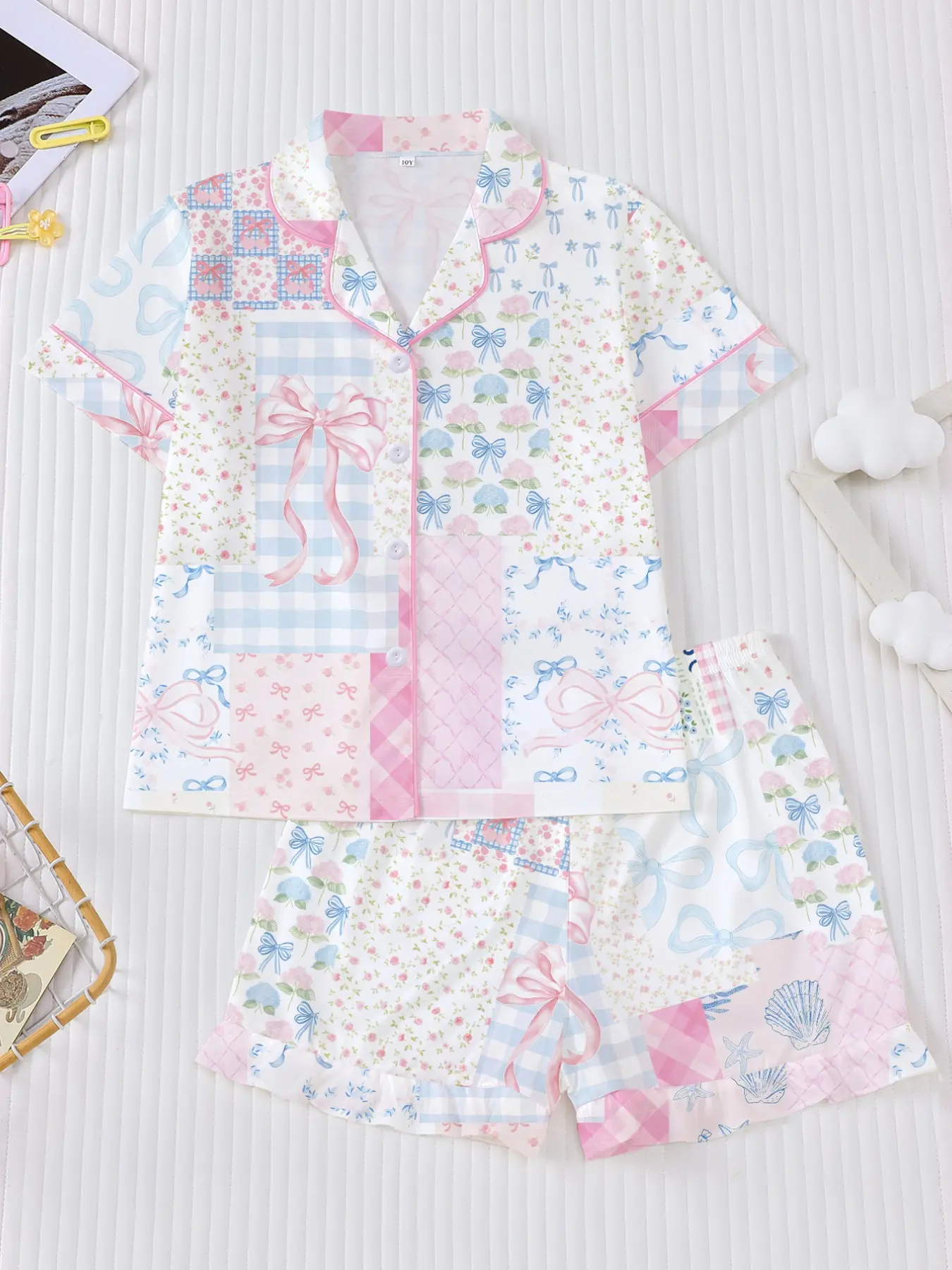 2-Piece Kids Pajama Set, Flame-Resistant Summer Short Sleeve Shorts, Cute Bow Flower Plaid Print, Casual All-Season Home Wear, All Seasons Pajamas