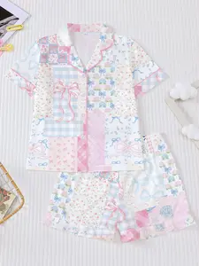 2-Piece Kids Pajama Set, Flame-Resistant Summer Short Sleeve Shorts, Cute Bow Flower Plaid Print, Casual All-Season Home Wear