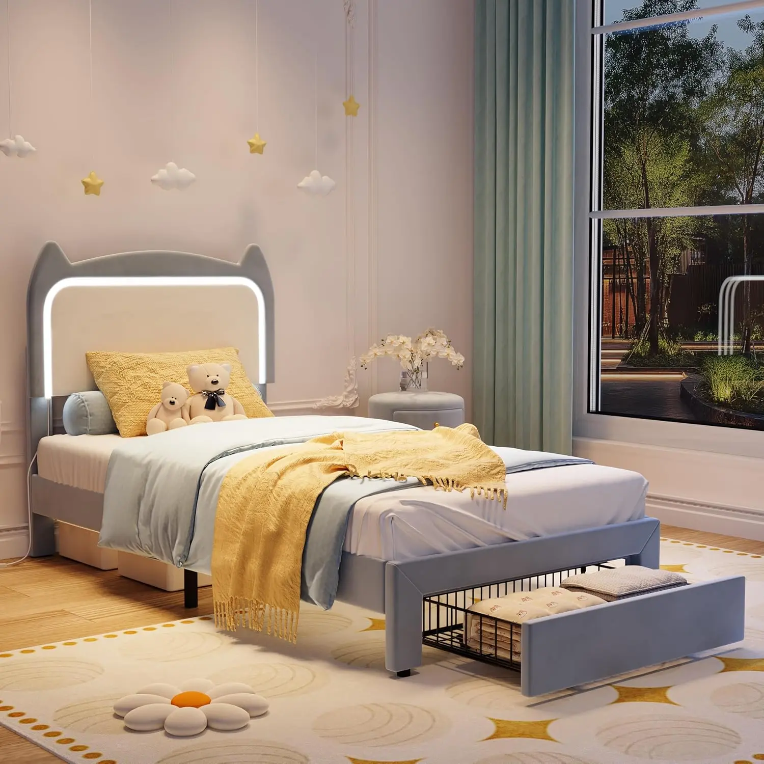 Gaomon Twin/Full Upholstered LED Bed Frame with Storage Drawer & Cute Cat Headboard, Velvet Princess Platform Bed Frame with Sturdy Wood Slats Support for Girls/Kids, No Box Spring Needed, Blue