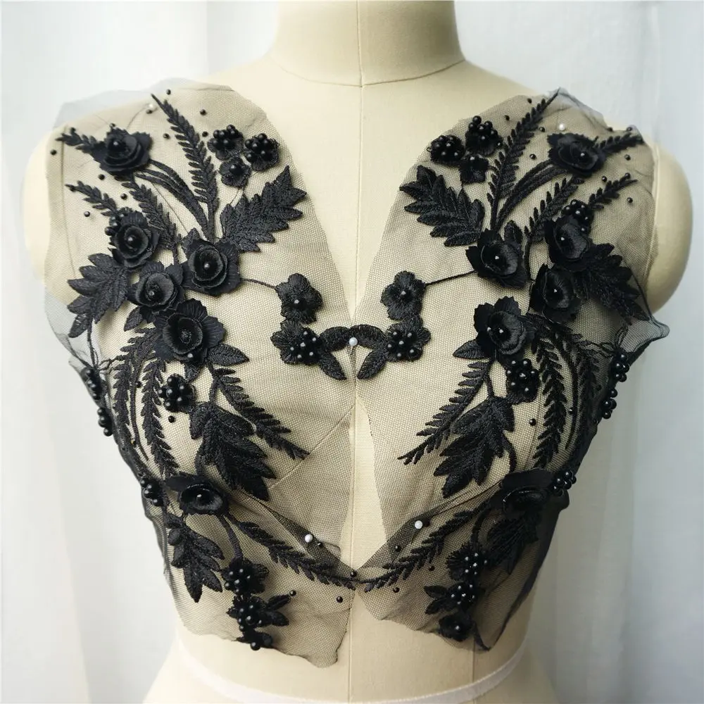 2PCS Black Embroidered Lace Fabric 3D Flower Tassel Beads Rhinestone Applique Sewing Patch For Wedding Gown Appliques Dress DIY Decor
