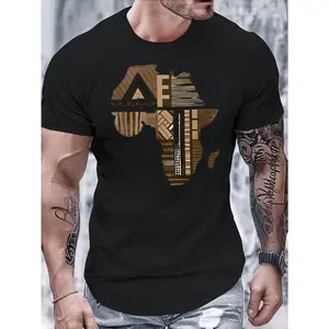Casual Streetwear Style, Men's T-Shirt, African Continent Map Geometric Pattern, Summer Daily Wear, Gift For Boyfriend Or Husband