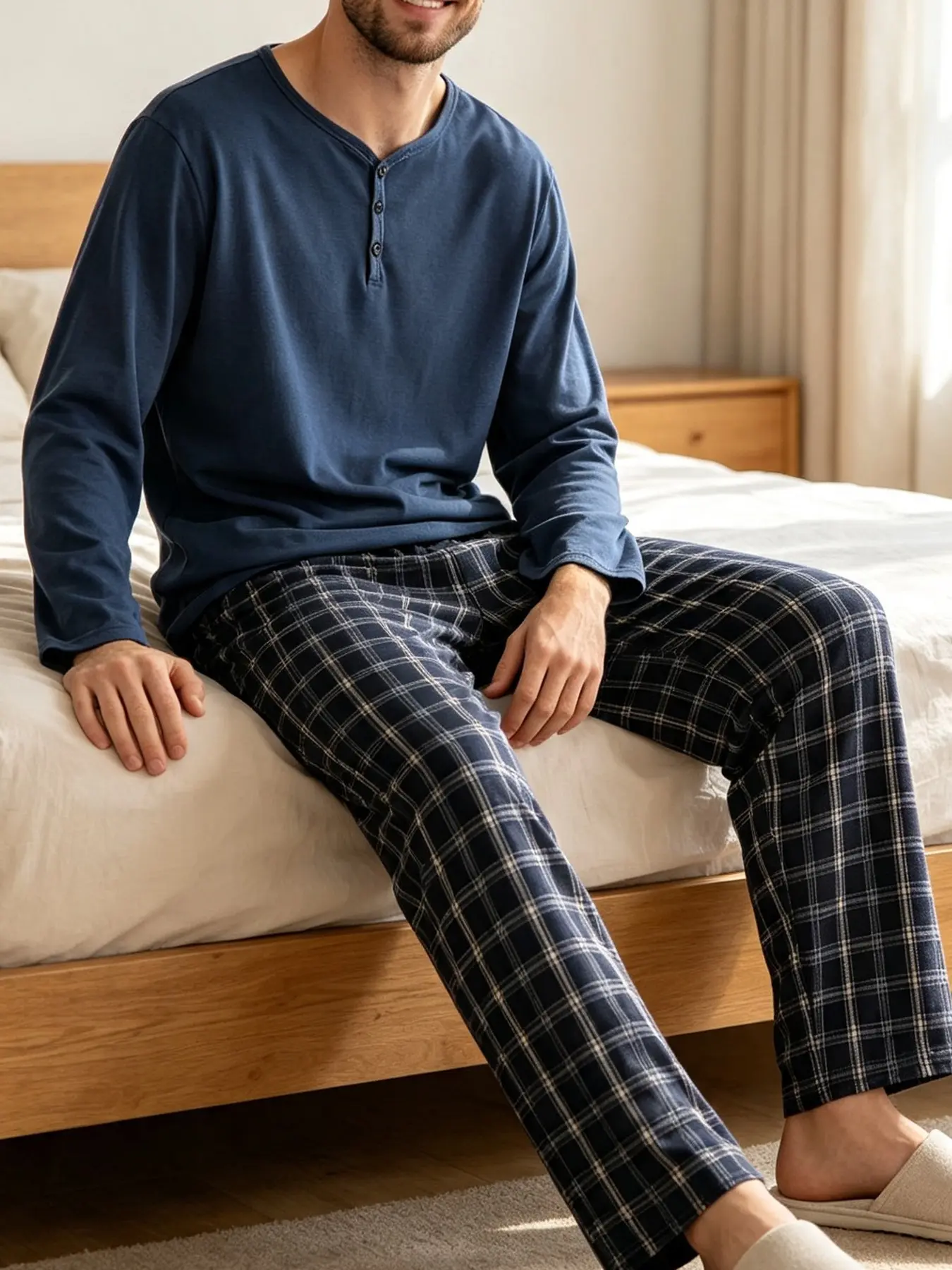 Men's 2-Piece Pajama Set, Navy Henley 3-Button Long Sleeve Top & Navy Plaid Elastic Waist Straight Pants, Simple Loungewear Style, Soft Skin-Friendly Breathable Fabric For Men Indoor Daily Wear