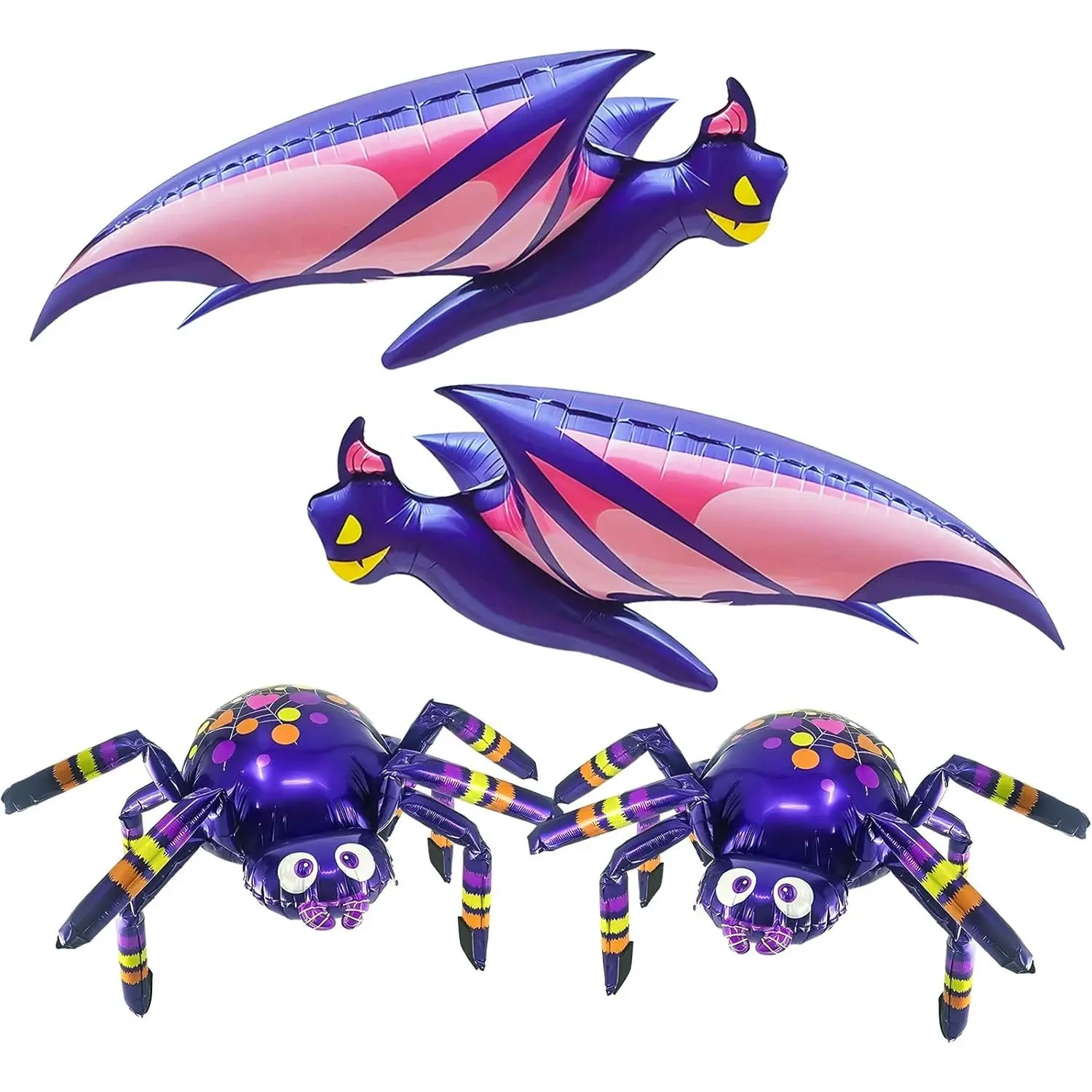 4 count  Halloween Foil Spider and Bat Balloons Set, 2 count Each of Giant Spider and Bat Balloons for Halloween Party Decorations and Birthday Decoration Supplies