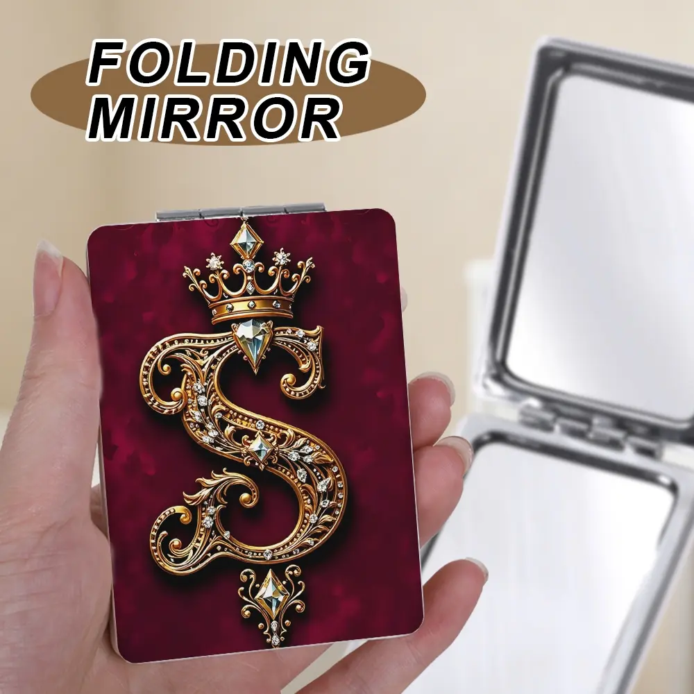 1pc Royal Crown Initial Compact Mirror for Purse, Burgundy Wine Red PU Leather Pocket Mirror with 1X/2X Magnification, Gold Jeweled Monogram Travel Makeup Mirror, Luxury Queen Gifts for Women, Portable Mirrors