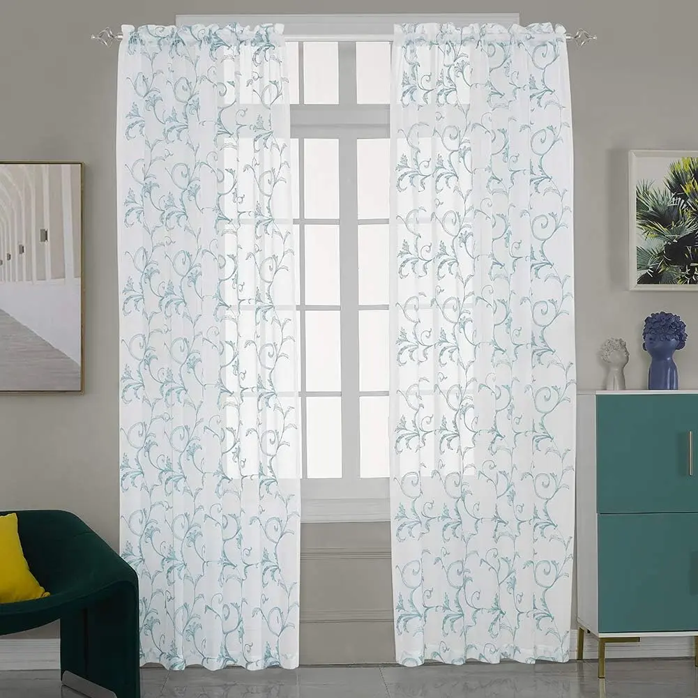Embroidery Blue Sheer Curtains 84 Inches Long, Rod Pocket Sheer Drapes for Living room, Bedroom, 2 Panels, 52"x84",  Semi Crinkle Voile Window Treatments for Yard, Patio, Villa, Parlor.