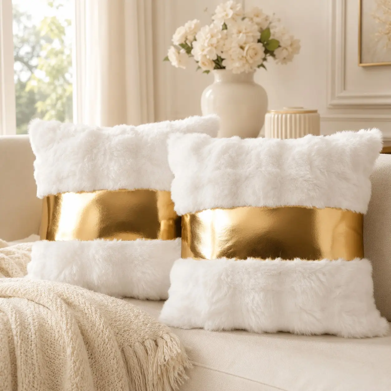 2-Piece Faux Rabbit Fur Throw Pillow Covers, 45cm x 45cm, Ideal for Living Room, Bedroom & Outdoor Use