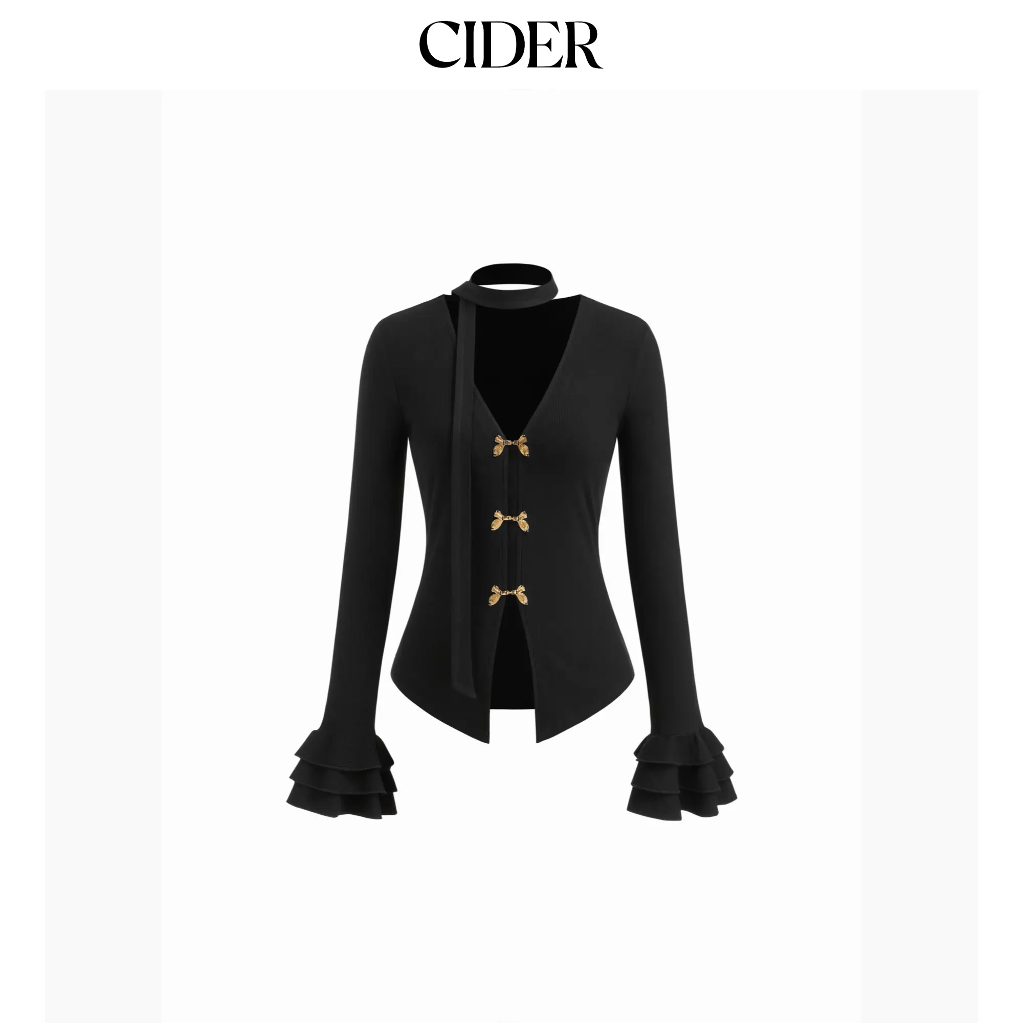 Cider Cotton-blend V-neck Long Sleeve Metal Detail Split Top With Scarf SohoChic
