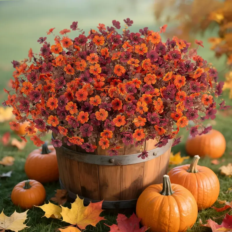 12 Bundles Orange-Brown Fall Mums with Eucalyptus & Boxwood - Fade Resistant Artificial Outdoor Flowers for Summer to Fall Porch, Patio, Garden, Planter & Thanksgiving Decor, No Watering, All-Weather, UV Resistant