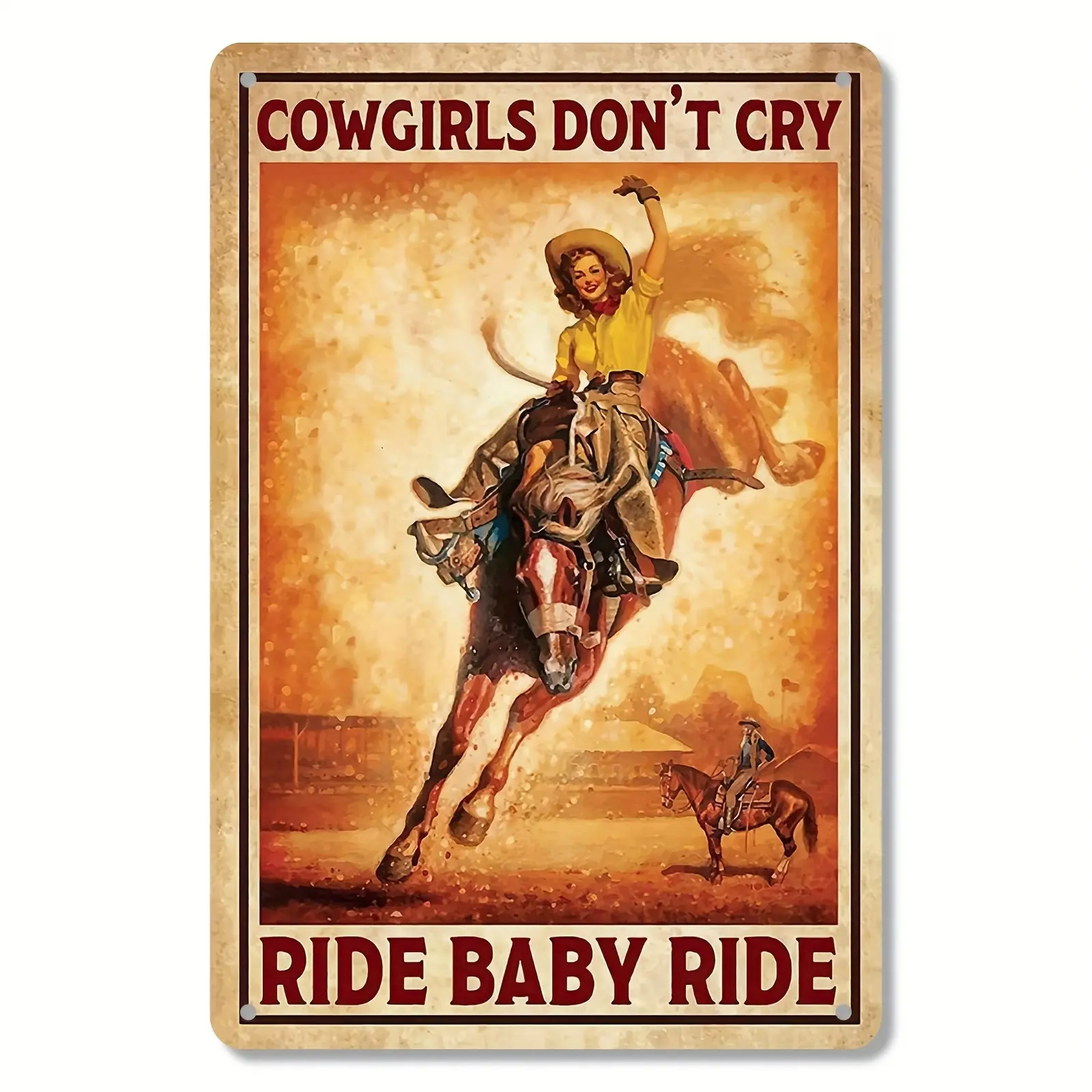 1pc Vintage Western Cowboy & Cowgirl 2D Flat Metal Plaque - Rodeo Bull Riding Iron Hanging Sign, Rustic Action Scene Decor for Kitchen, Bar Room Decor
