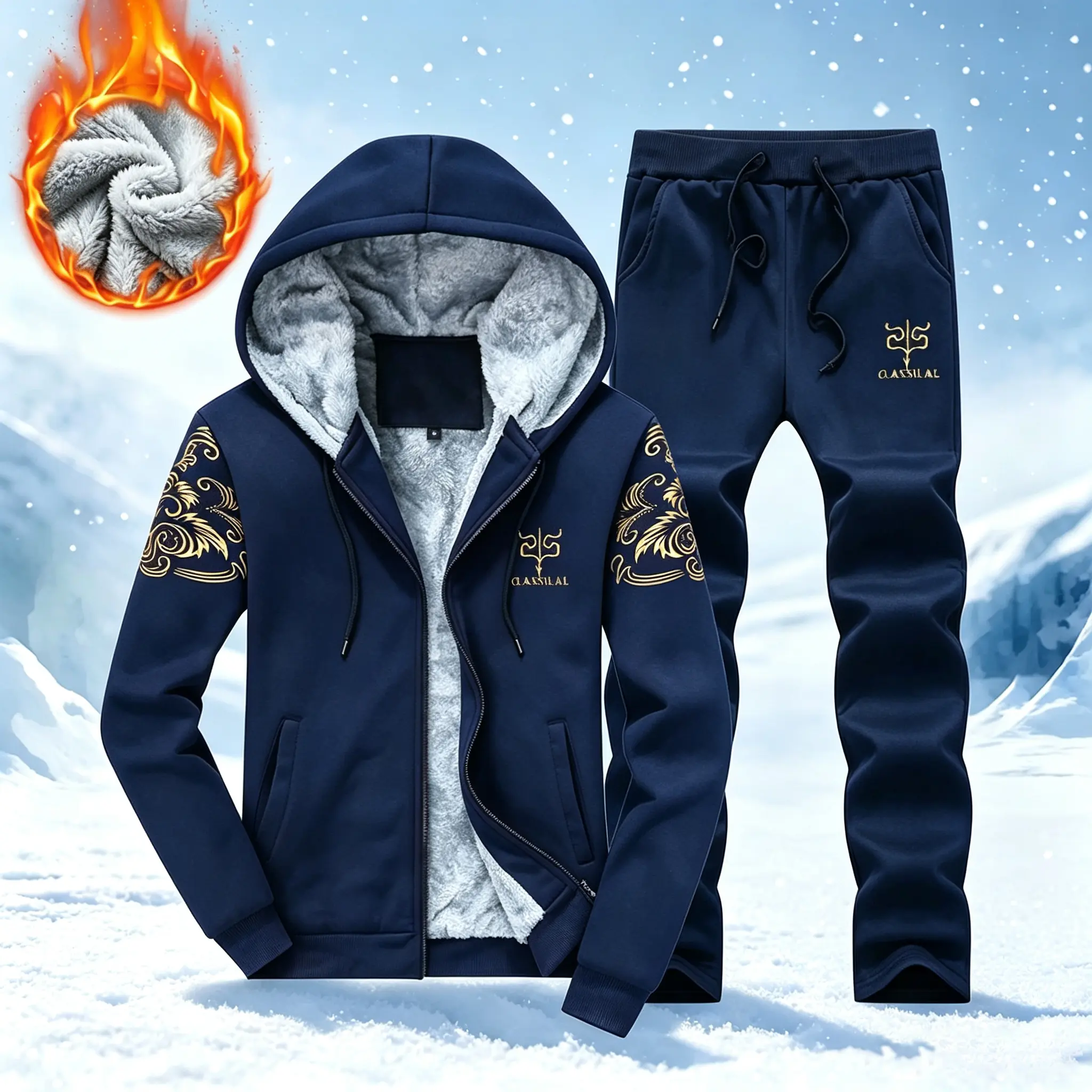 Men’s Heavyweight Sherpa Fleece Lined 2-Piece Tracksuit, Full Zip Graphic Hooded Jacket & Drawstring Jogger Pants, Thermal Insulated Matching Set, Windproof Thick Cold Resistant Winter Suit, Soft Cozy Lining for Daily, Hiking & Outdoor Wear