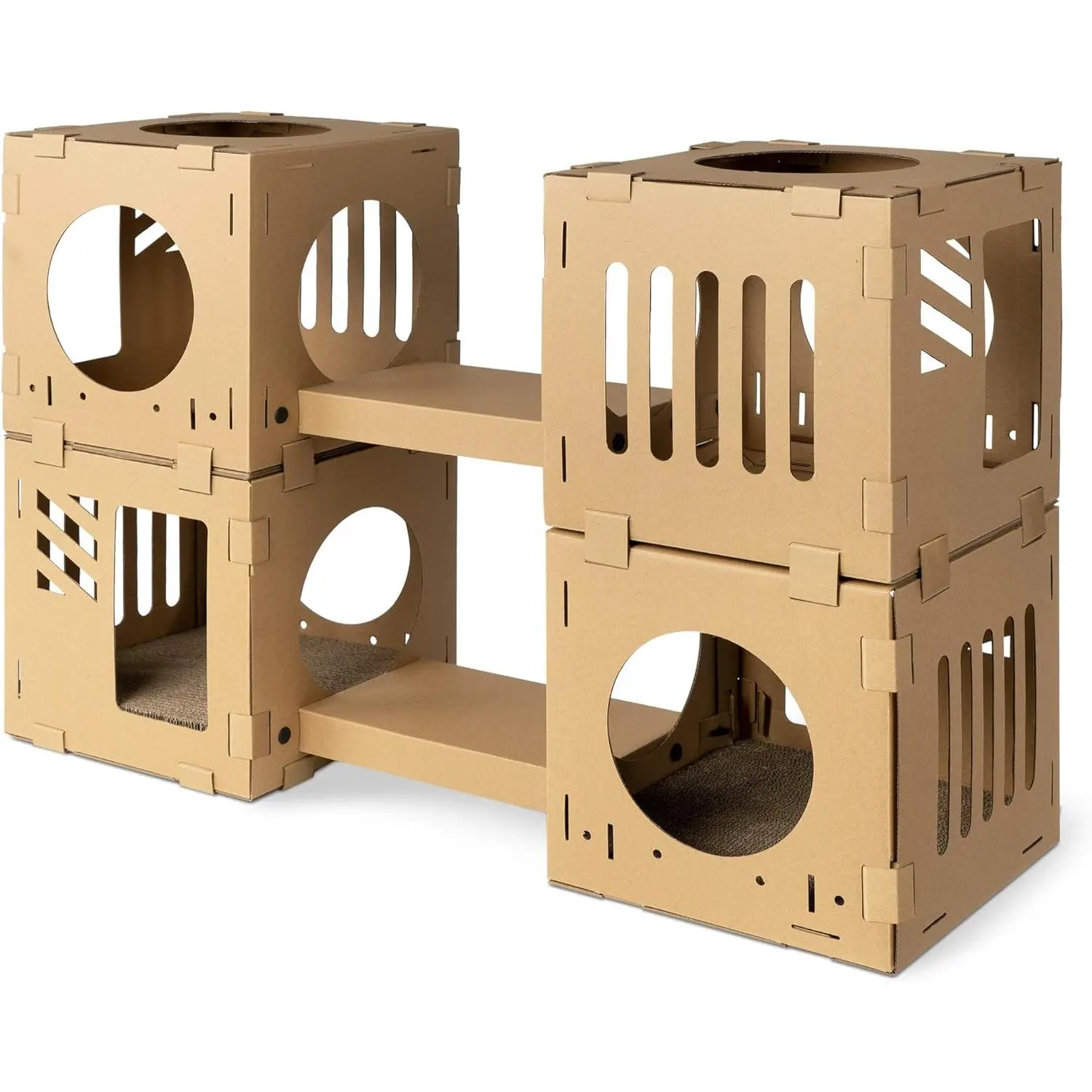 Modular Cardboard Cat House - DIY Corrugated Cardboard Configurable Play Tower Condo for Small Cats, Kittens, Rabbits - 4 Cubes with 2 Bridges