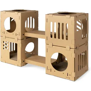 Modular Cardboard Cat House - DIY Corrugated Cardboard Configurable Play Tower Condo for Small Cats, Kittens, Rabbits - 4 Cubes with 2 Bridges
