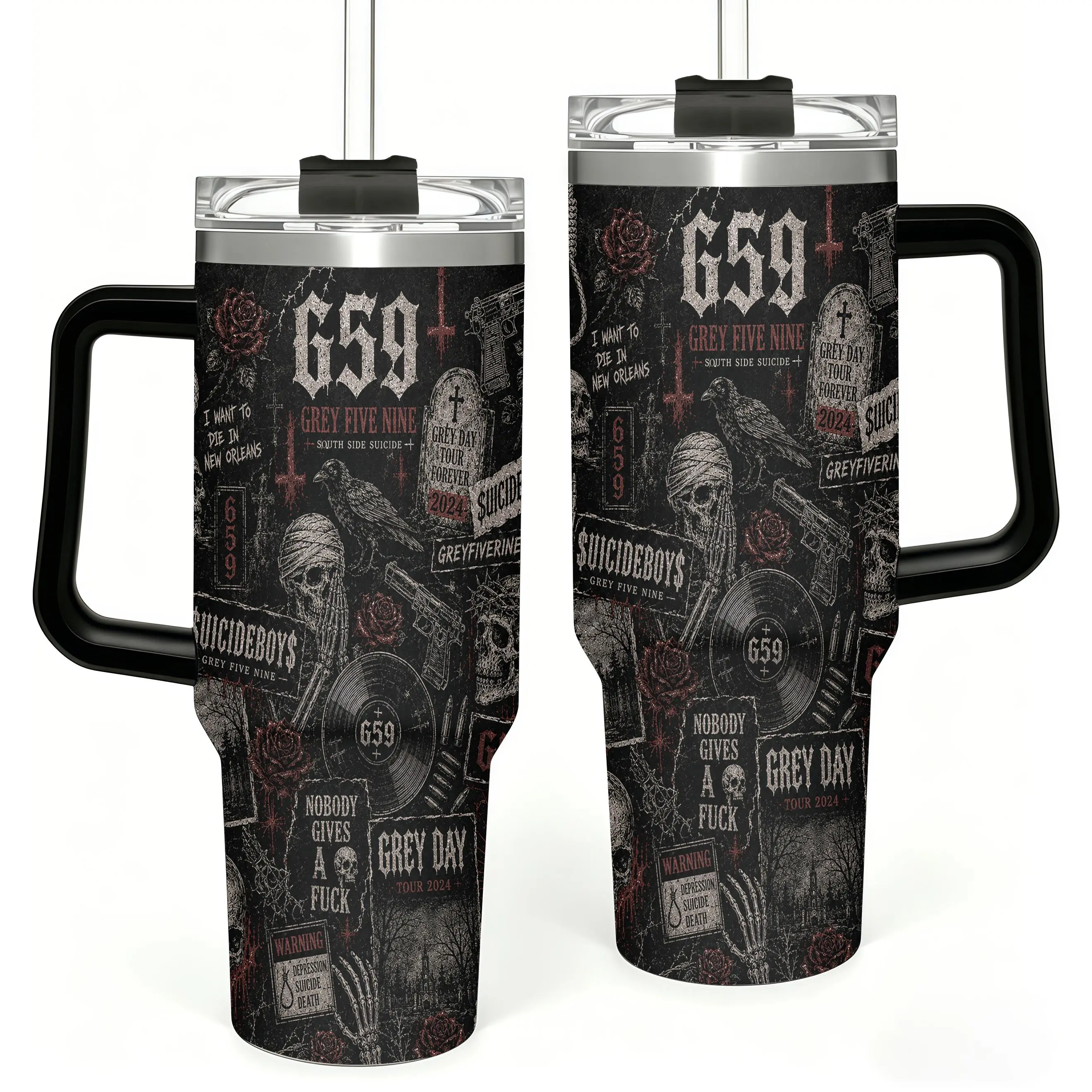 Suicideboys G59 Grey Day Tour 40oz Tumbler with Handle, Stainless Steel Insulated Cup, Gothic Rap Fan Gift, Black & Red Collage Travel Mug with Straw