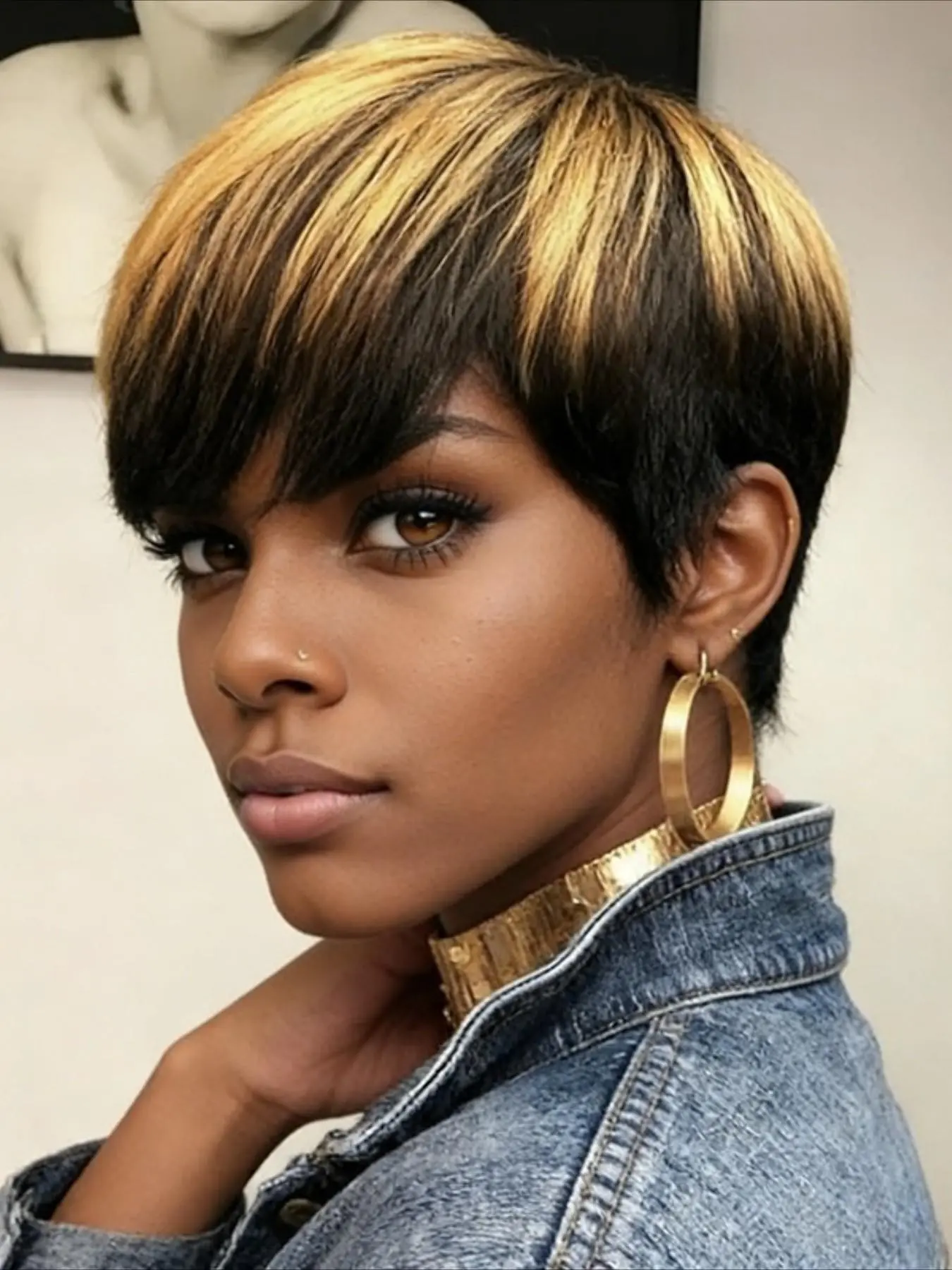1B/27 Ombre Color Pixie Cut Human Hair Wig for Women Full Machine Made Wig 150% Density 6 Inch