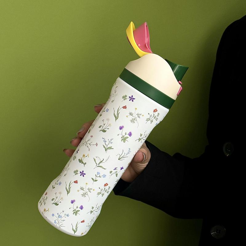 Floral Pattern Stainless Steel Vacuum Flask, 1 Count Portable Insulated Water Bottle with Straw, Leak Resistant Tumbler, Drinking Cup for Home Office School Outdoor Camping, Drinkware