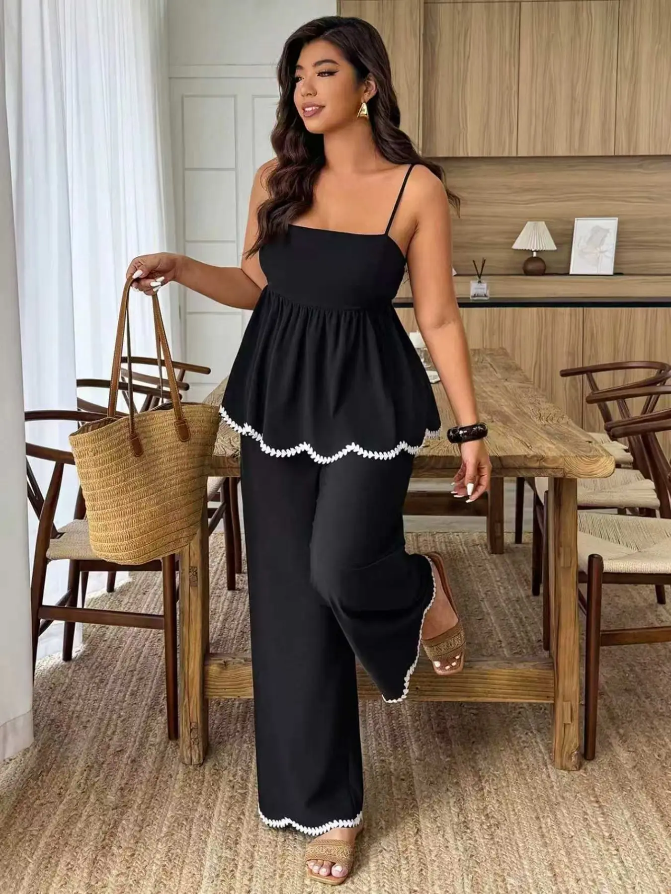 Women Solid Spaghetti Strap Square Neck Babydoll Top Two Piece Set, Scalloped Trim High Waist Wide Leg Pants, Loose Elegant Summer Outfit For Vacation Date