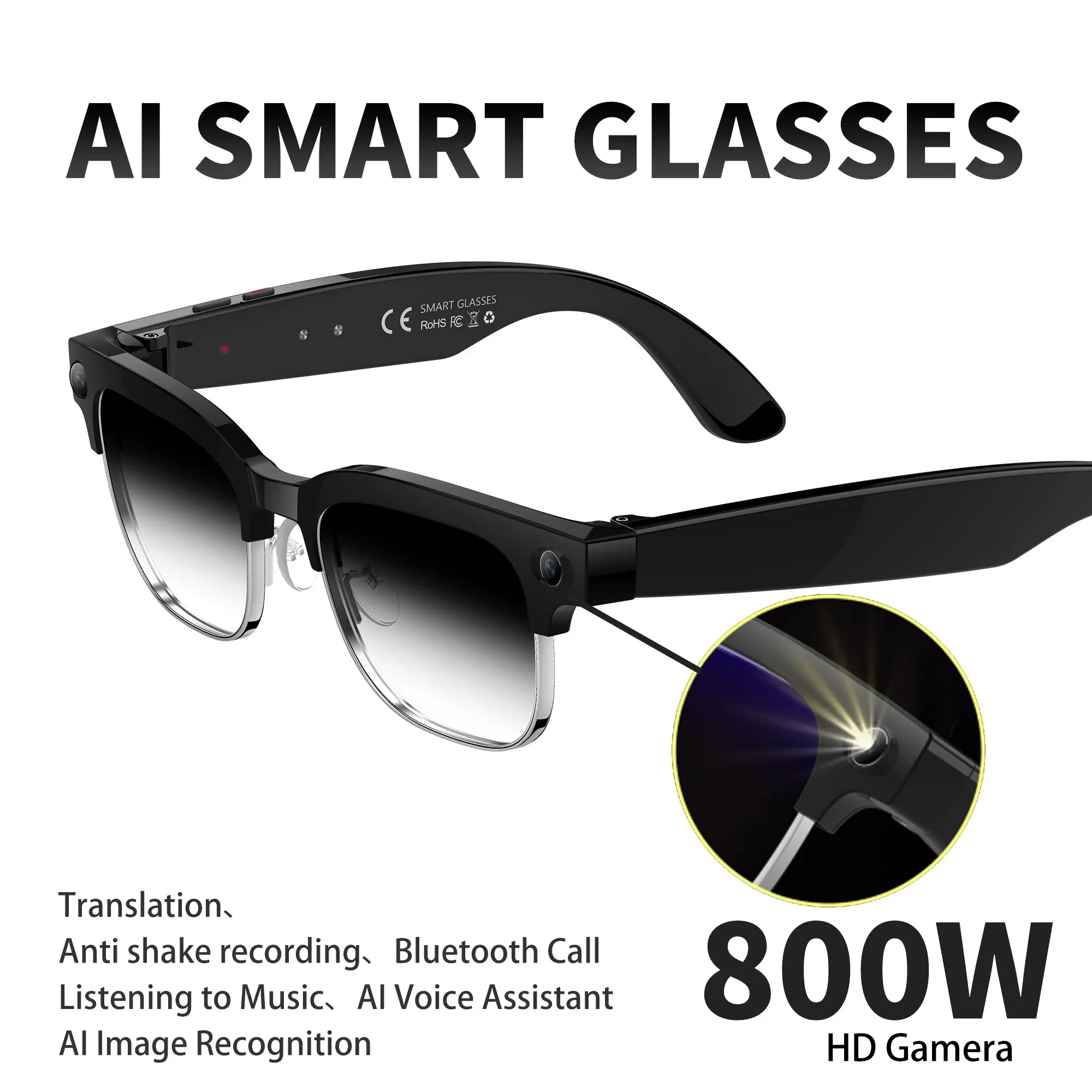2026 New 800w Pixel Smart Glasses, Video Camera Glasses, Video Recording, Ai Photo Recognition, Bluetooth-compatible, Wireless Translation Glasses, Voice Translation, Color-Changing, Waterproof Sunglasses