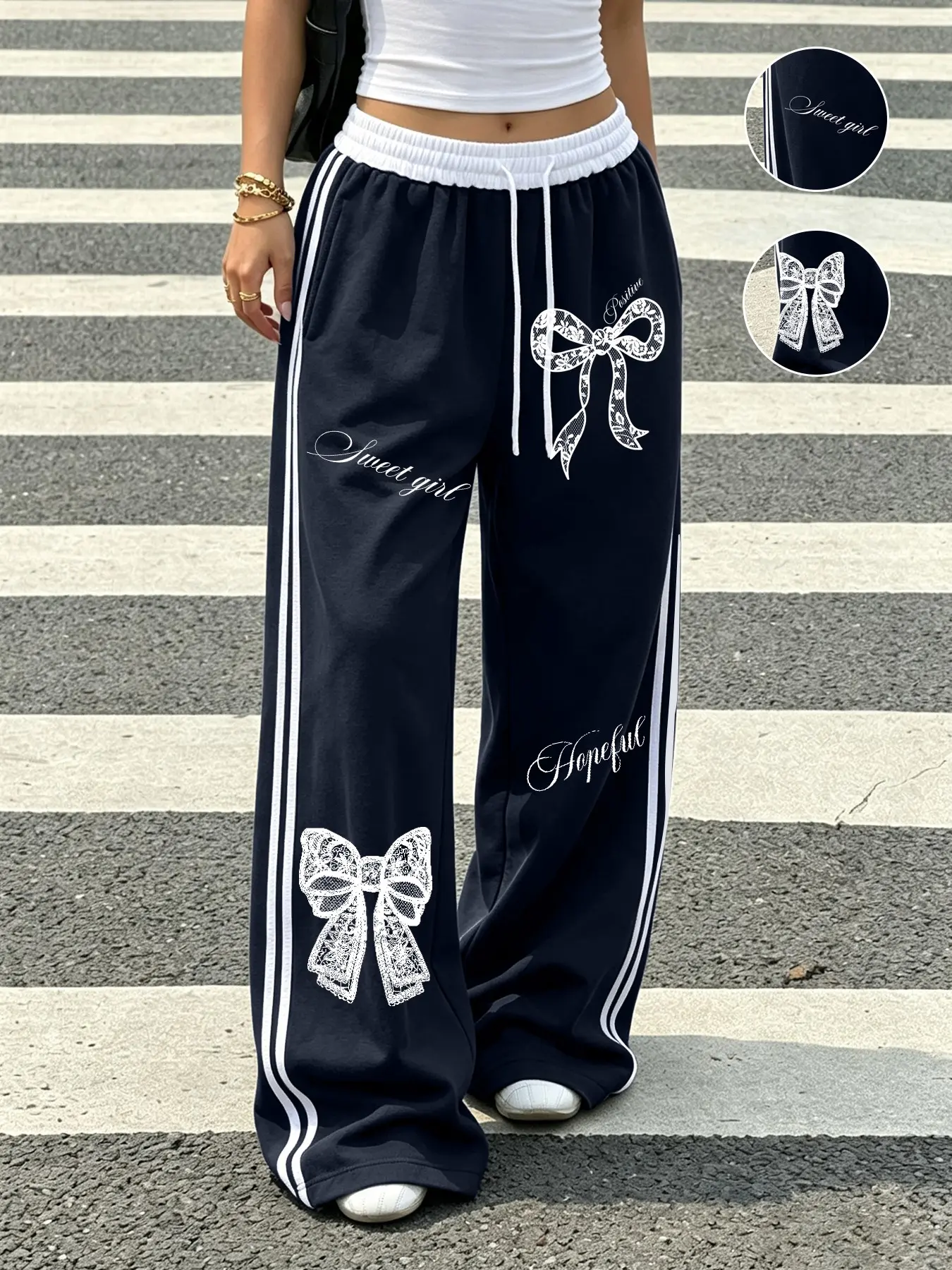 Women's Lace Bow Print Side Stripe Wide Leg Sweatpants, Regular Fit Casual Trousers, For Daily Street Wear