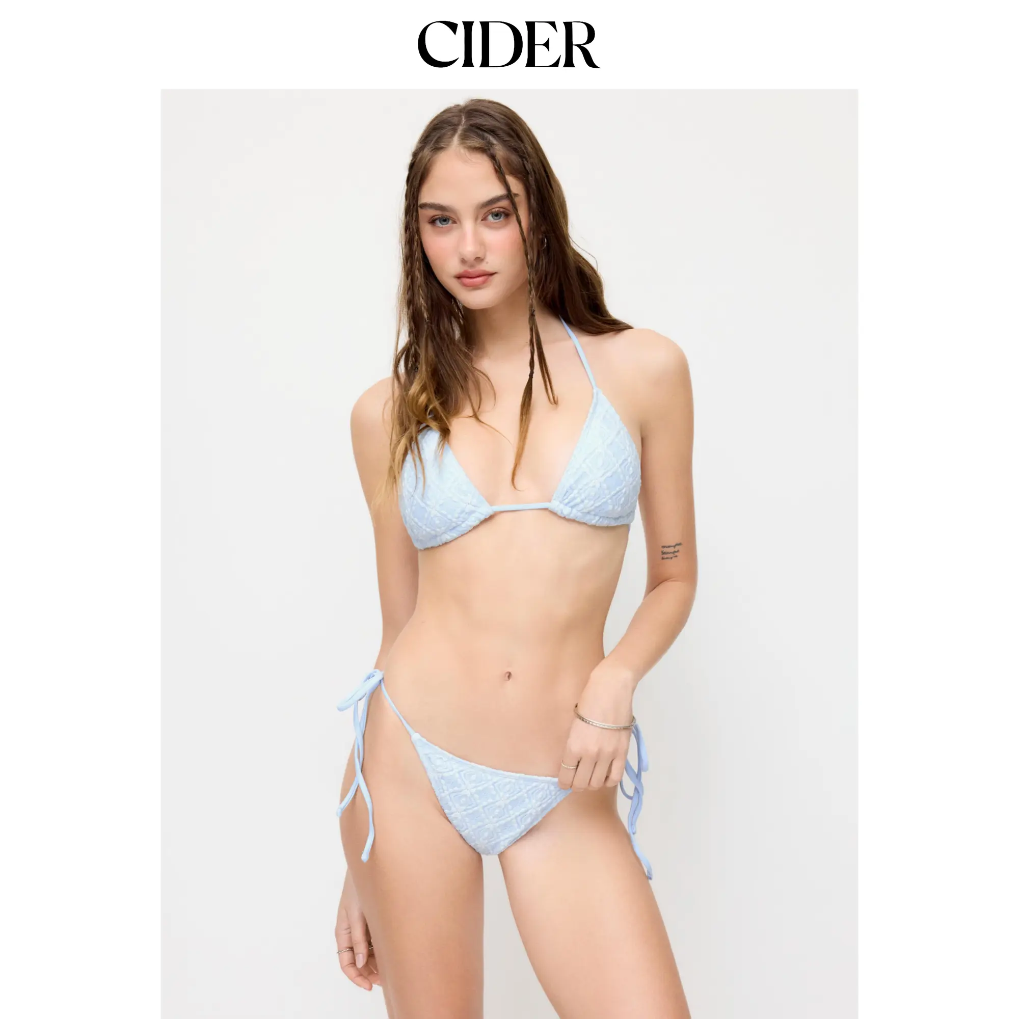 Cider Cotton-blend Geometric Floral Lace Halter Neck Triangle Bikini Set