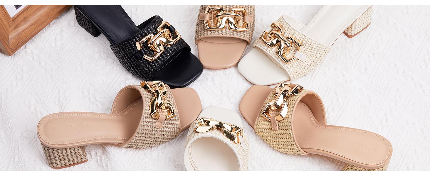 Coutgo Womens Raffia Slide Sandals Chunky Block Heeled Square Open Toe Metal Chain Slip on Mules Dressy Shoes