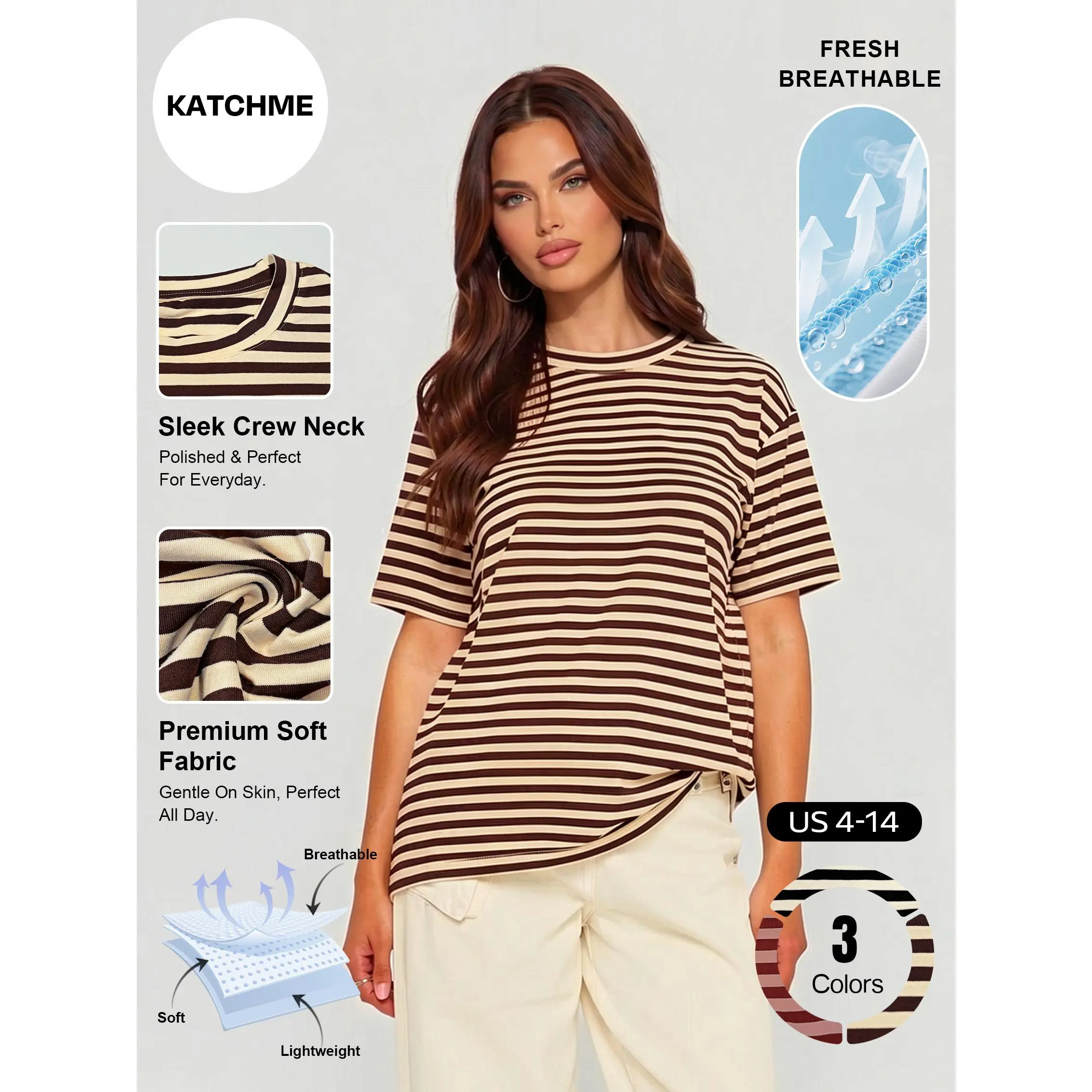 Katch Me Women's Casual Round Neck Stripe Loose Short Sleeve Top, Skin-Friendly Cotton Breathable T-Shirt for Summer, Versatile Pill-Resistant Daily Outfit, Sweat-Wicking Streetwear