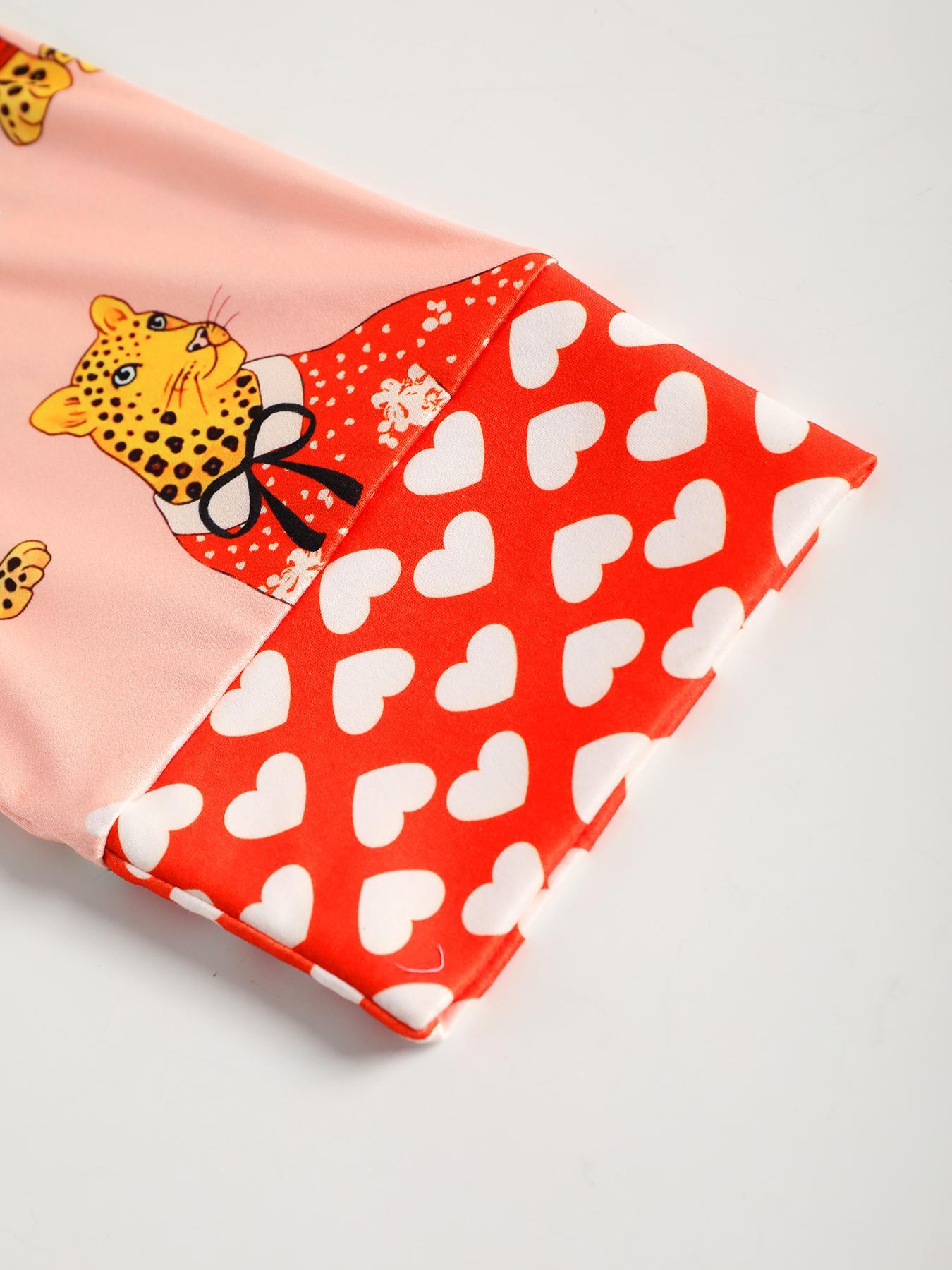 Two-piece Set Women's Heart & Leopard Print Lapel Neck Pajama, Long Sleeve Button Up Top & Elastic Waist Pants Pj Set, Casual Comfortable Sleepwear Loungewear Set for Women