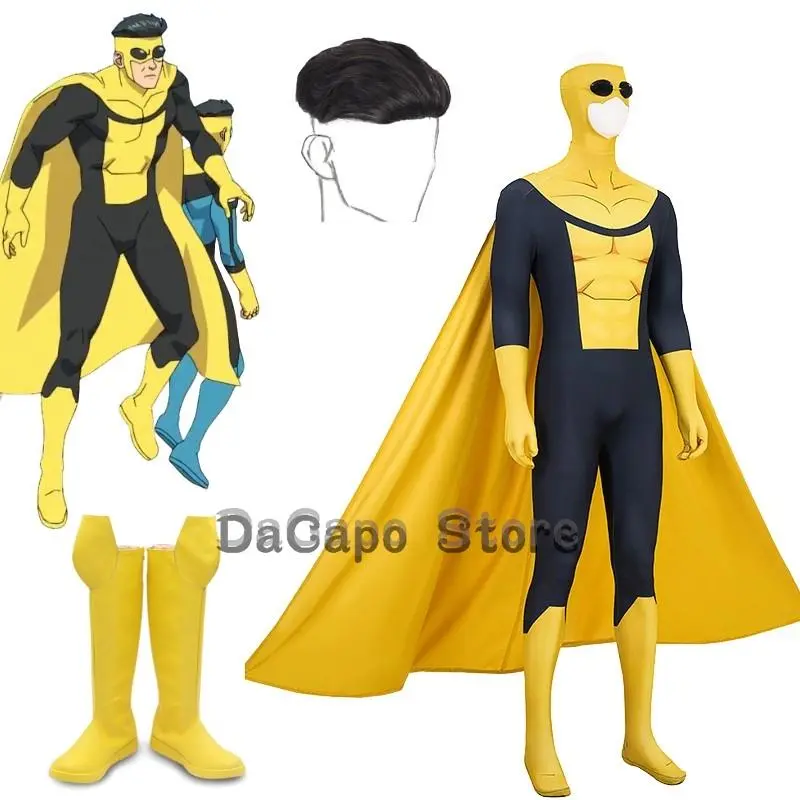 Invincible Mark Grayson Cosplay Yellow Jumpsuit Cloak Superhero Cosplay Costume Anime Comic Bodysuit Halloween Men Boots Wig