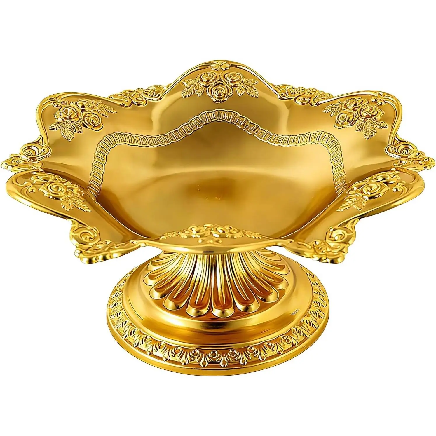 Golden Pedestal Fruit Bowl for Kitchen Counter, Multi-Purpose Decorative Serving Tray for Christmas Diwali Home Decor, Ideal for Candy, Floating Flowers, Candles, Buddhist Offering Plate