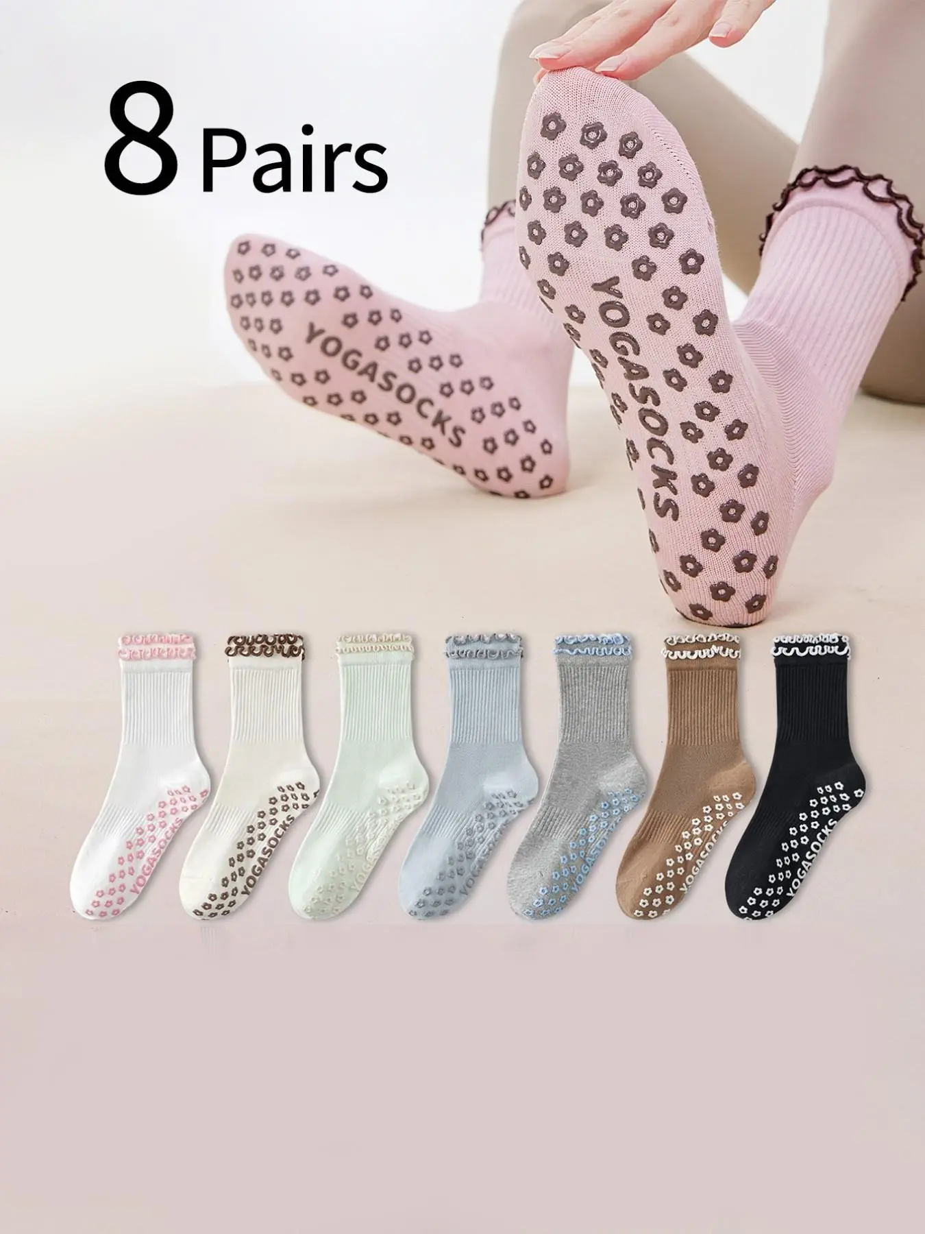8 Pairs Women's Crew Socks, Silicone Mid-Calf Pilates Socks, Non-Slip Yoga Socks, Slimming Design, Multi-Color Combo, All Seasons