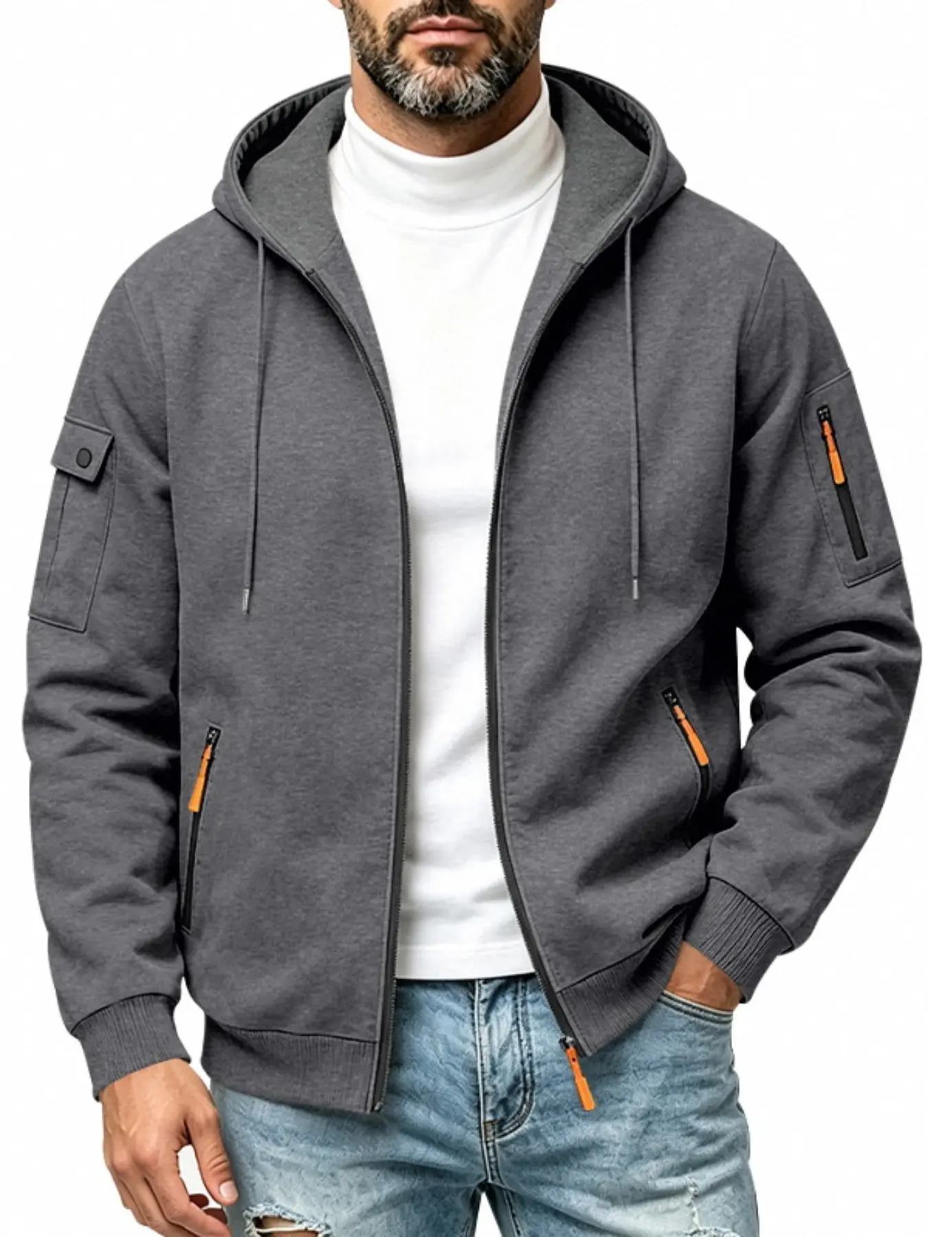 Men's Fleece Lined Hooded Utility Jacket, Thickened Full Zip Cargo Hoodie Coat, Multi Zipper Flap Pockets, Solid Warm Outdoor Outerwear, Winter Casual Daily Wear Jacket for Men