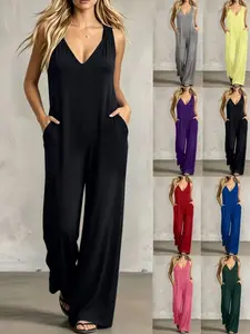 Women's Loose Fit Home Romper, Deep V Strap Wide Leg Pants, Casual Daily Wear, Plain Surface, All Seasons, Slim-Fitting, Unlined