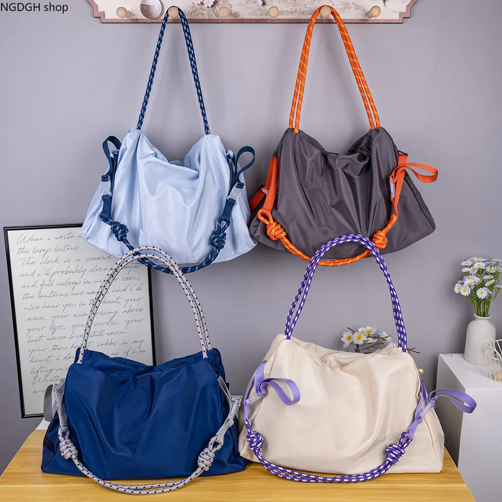 WomenLightweightNylonShoulderBag,TrendyBraidedRopeHandleCasualTote,WaterResistantDrapedHoboPurse,OversizedStorage,MultipleBrightColorsforVacationWorkGymEverydayUse tote bag for college