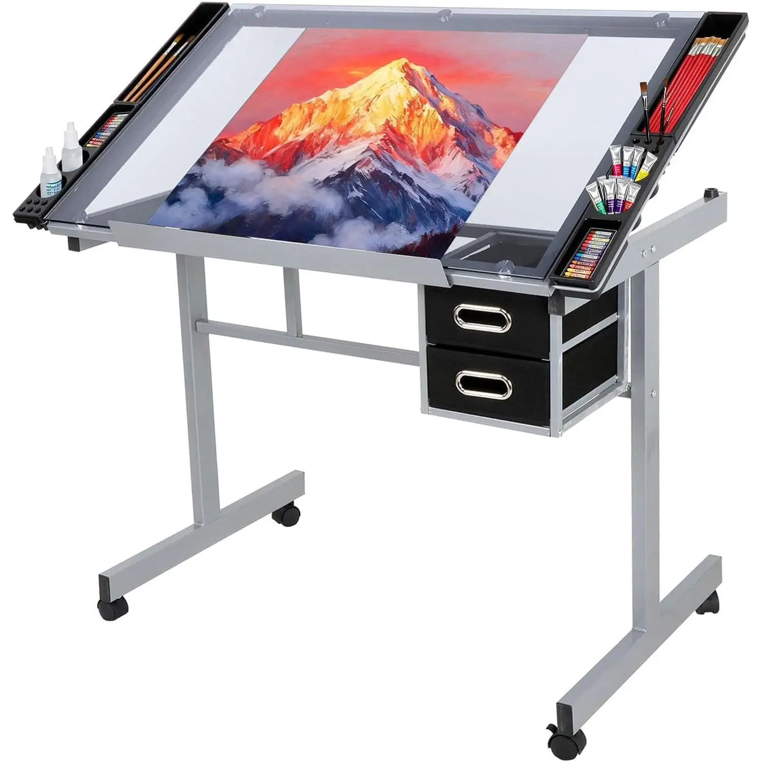 Adjustable Drafting Table Art Desk Drawing Table Versatile Art Craft Work Station Glass Tabletop w/2 Slide Drawers and Wheels for Reading, Writing, Painting Home Office