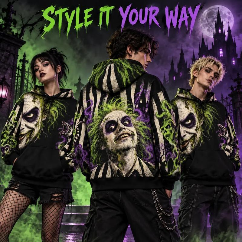 Mens Beetlejuice All-Over Print Halloween Graphic Hoodie - Menswear Men's Hoodies Long Sleeve Tops, Sandworm Horror Movie Pullover with Drawstring, Kangaroo Pocket, Guys Gifts